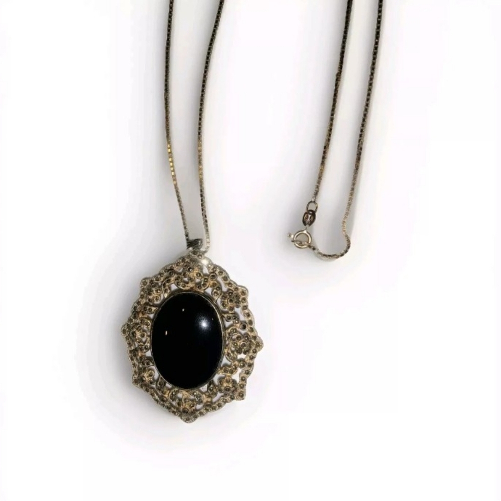 Vintage Sterling Silver 925 Marked LG Onyx Marcasite Pendant 30" Chain Necklace